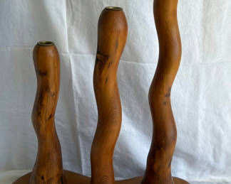 Lot 32: Wooden decorative items: multi-branch candle holder, miniature rocking chair, and heart-shaped peg rack