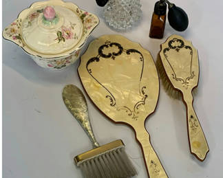 Lot 21: Vintage vanity set with mirrors, brush, porcelain dish, and perfume bottles