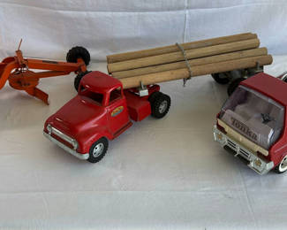 Lot 53: Tonka Toys: red logging truck with log trailer and red fire engine with accessories