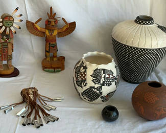 Lot 1: Native American Acoma Pottery, Wooden Kachinas