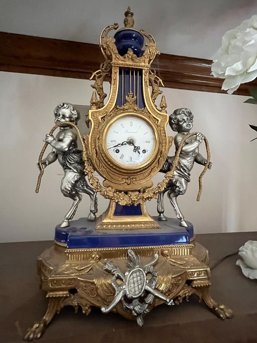 Italian gilt Brevatatto Imperial clock - part of 3pc garniture set with candelabras
