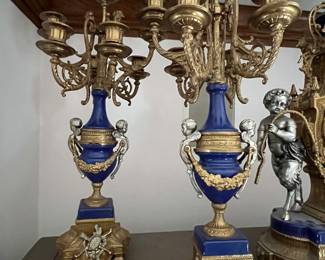Italian gilt Brevatatto candelabras (2) - part of 3pc garniture set with clock