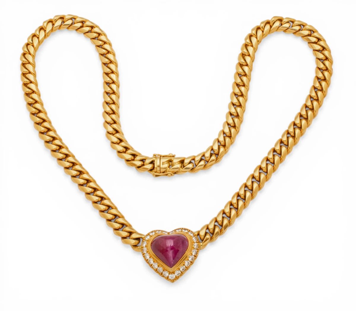 Lot 1 18k Yellow Gold Heart Shaped Natural Ruby and Natural Diamond Necklace L 17" 84 g