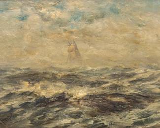 Lot 1014 Robert Hopkin (American, 1832-1909) Oil on Panel, Ca. Late 19th C., 'Misty on the Banks', H 14" W 20"