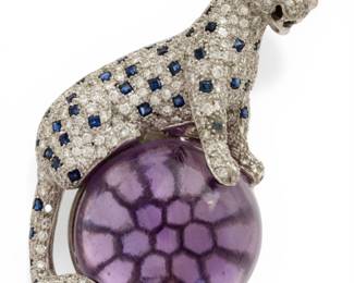 Lot 30 18k White Gold, Natural Amethyst, Sapphire, Ruby, and Diamond Panther Brooch H 2" 34 g