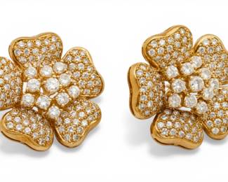 Lot 33 18k Yellow Gold and Natural Diamond Flower Earrings H 1" 20 g 1 PAIR