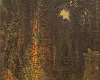 Lot 1009 Robert Hopkin (American, 1832-1909) Oil on Canvas, 1873, 'Moonlit Ruins', H 24" W 18"
