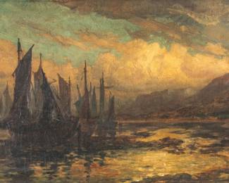 Lot 1012 Robert Hopkin (American, 1832-1909) Oil on Canvas, 19th C., 'Waiting on the Tide, Evening', H 14" W 24"