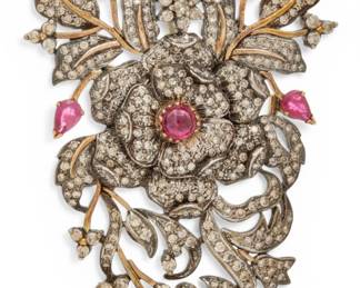 Lot 32 14K Yellow and White Gold, Ruby, and Natural Diamond Brooch H 2.5" 23 g