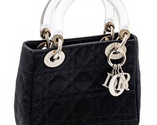 Lot 111 Christian Dior (French, 1905-1957) Black Cannage Satin Mini Lady Dior Crystal Evening Bag H 5.8" W 7" Depth 3"