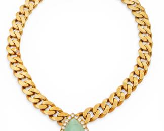 Lot 7 18k Yellow Gold, Persian Turquoise, and Natural Diamond Curb Chain Pendant Necklace L 15" 108 g