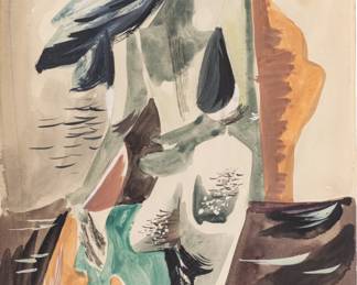 Lot 1029 Pat Hanly (New Zealand, 1932-2004) Watercolor and Gouache Heavy Cream Wove Paper 1955-1965, 'Surrealist Nude Wading', H 10.75" W 7.5"