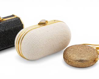 Lot 110 Judith Leiber (Hungarian, B. 1921) White Pearl Crystal Cluth; Black Clutch; Golden Clutch H 3.5" W 5.75" Depth 3" 3 PCS