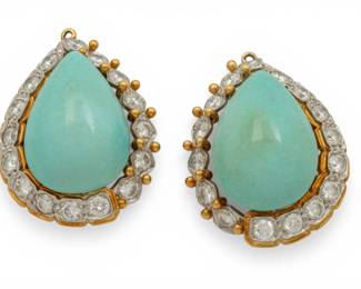 Lot 9 Persian Turquoise, Natural Diamond, 18k White and Yellow Gold Earring Enhancers H 1.25" 16 g 1 PAIR
