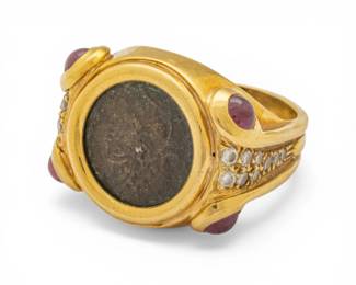 Lot 21 18k Yellow Gold, Coin, Natural Ruby, and Diamond Ring Size 7.75 15 g
