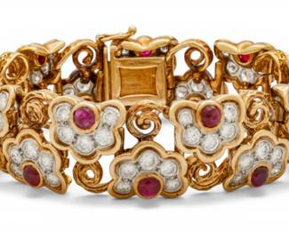 Lot 26 18k Yellow Gold, Natural Diamond, and Ruby Link Bracelet L 7" 64 g