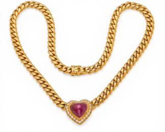 Lot 1 18k Yellow Gold Heart Shaped Natural Ruby and Natural Diamond Necklace L 17" 84 g