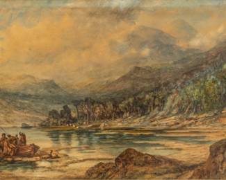 Lot 1010 Robert Hopkin (American, 1832-1909) Watercolor on Paper, 1884, 'Fishing Boat in a Scottish Glen', H 22" W 38"