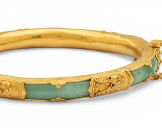 Lot 29 Chinese High Karat Yellow Gold and Jade Bangle Bracelet Dia. 2.5" 43 g