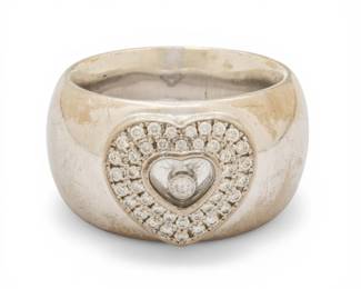 Lot 23 Chopard (Switzerland) 18k White Gold and Floating Natural Diamond Heart Shaped Ring 'Happy Hearts', Size 7.25 17.3 g