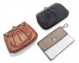 Lot 115 Judith Leiber (Hungarian) Lana Marks (1) Black Satin Clutch; Art Deco Snakeskin Clutch; Silver Clutch H 5.5" W 8.5" Depth 1.25" 3 PCS