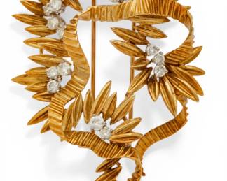 Lot 31 18k Yellow Gold and Natural Diamond Brooch H 2.75" 26 g