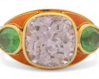 Lot 10 18k Yellow Gold, Pink Sapphire, Emerald, and Enamel Ring Size 4.5 14.6 g