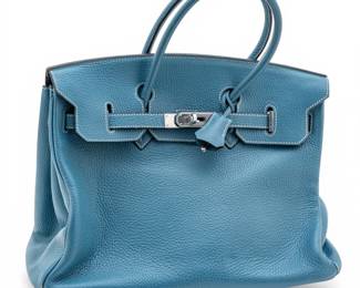 Lot 109 Hermès (French) Calfskin Leather in Bleu Jean Clemence, Ca. 2002, 'Birkin Handbag', H 11" W 14" Depth 7.5"