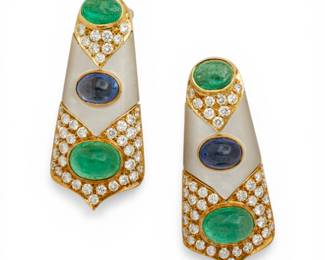 Lot 37 Art Deco Style 18k Gold, Mother of Pearl, Natural Emerald, Sapphire, and Diamond Earrings H 1.625" 29.7 g 1 PAIR