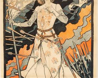 Lot 1031 Eugene Grasset (French, 1841-1917) Lithographic Poster on Paper, Linen Backed, Ca. 1894, 'Jeanne D'Arc / Sarah Bernhardt', H 47" W 29.5"
