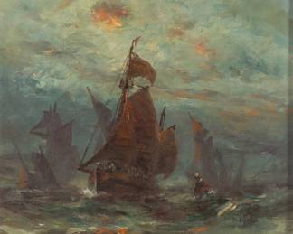 Lot 1016 Robert Hopkin (American, 1832-1909) Oil on Canvas, Ca. 1900, 'Sailing Vessels Returning', H 20.5" W 18"