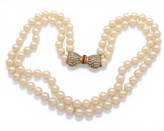 Lot 44 Two Strand Pearl, Natural Diamond, and Ruby 14k Yellow Gold Necklace L 16" 85 g