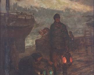 Lot 1005 Robert Hopkin (American, 1832-1909) Oil on Canvas, 1897, 'Setting the Lights', H 48" W 33"