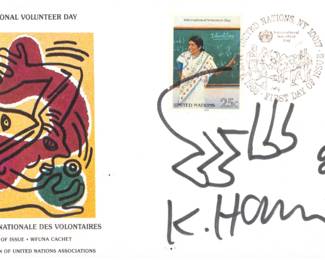 Lot 1034 Keith Haring (American, 1958-1990) Marker and Offset Lithograph on Paper 1989, 'Untitled (WFUNA Cachet)', H 3.5" W 6.5"