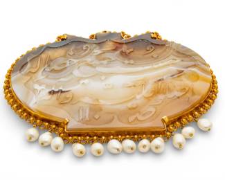 Lot 66 Persian 18 Karat Yellow Gold and Carved Chalcedony Pendant, with Drop Pearls H 4" W 3" 59.5 g 1 PC