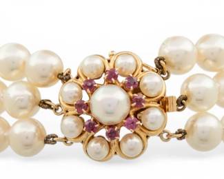 Lot 43 Three-Strand 14k Yellow Gold, Pearl, and Ruby Bracelet L 7.5" 37 g