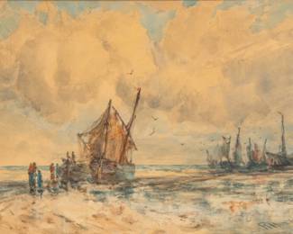 Lot 1017 Robert Hopkin (American, 1832-1909) Watercolor on Paper, 'Fishing Boats at Low Tide', H 14" W 20"