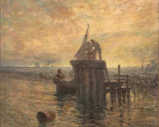 Lot 1006 Robert Hopkin (American, 1832-1909) Oil on Canvas, 19th C., 'Setting the Range Lights', H 40" W 32"