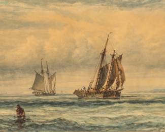 Lot 1013 Robert Hopkin (American, 1832-1909) Watercolor on Paper, 'Fishing Boats', H 21.5" W 34.5"