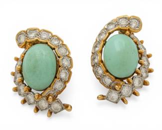 Lot 8 18k Yellow and White Gold, Persian Turquoise, and Natural Diamond Ear Clips H 1.25" 25 g 1 PAIR
