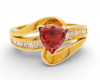 Lot 41 Samuel Aaron 14k Yellow Gold, Natural Red Zircon, and Diamond Ring Size 6.75, 8.2 g
