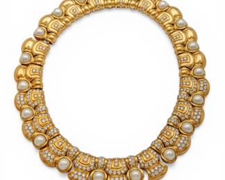 Lot 2 Italian 18k Yellow Gold, Pearl, and Natural Diamond Collar Necklace L 16" 224 g