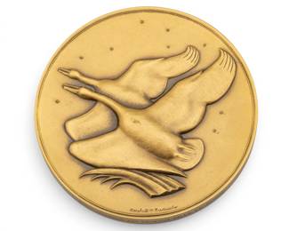 Lot 1024 Marshall Maynard Fredericks (American, 1908-1998) Bronze Commemorative Coin, Arbury Fine Arts Center at SVSU 1963, 'Flying Wild Geese, Relief', Dia. 2
