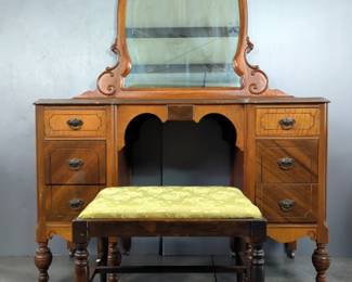 Gettysburg Furniture Company Vanity,31" x 46" x 18", Pattern 86, Includes Framed Mirror, 36" x 46.5", And Upholstered Stool, 18" x 22" x 14" 