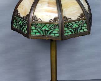  Slag Glass Table Lamp With Metal Overlay Shade, Approx 22" x 13.5", Powers On 