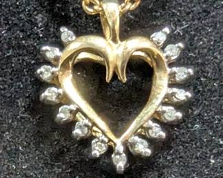 10K Gold And Diamond Heart Pendant On Adjustable Length Chain, 15" To 19" 