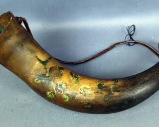Antique Powder Horn With Painted Images And Leather Strap