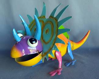 Enameled Metal Triceratops Statue, Approx 13" x 22" x 12"