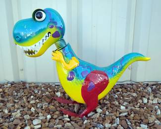 Enameled Metal Dinosaur Statue, Approx 18" x 17" x 6" 