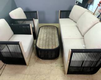 Outdoor Interiors "The Resort Collection" Black Rope And Teak Sofa, Two Swivel Chairs And Coffee Table 